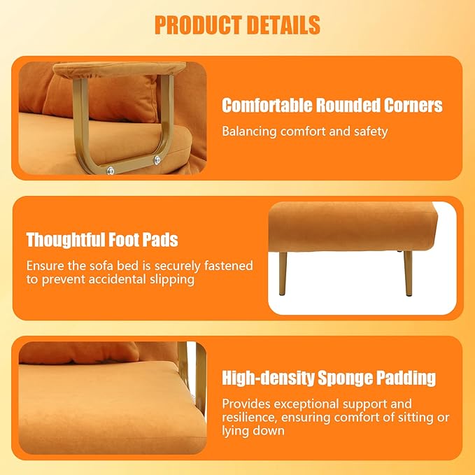 Convertible Sleeper Sofa Bed 3 in 1 Multi-Functional Sofa Chair Bed with 5 Position Adjustable Backrest Folding Sofa Bed Floor Single Chairs Fold Out Chair Beds for Living Room (Orange)