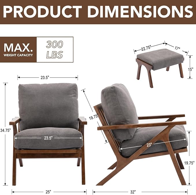 chairus Mid-Century Modern Accent Chair with Ottoman Comfy Upholstered Lounge Armchair with Removable Cushions &amp Solid Wood Frame Reading Chair for Living Room Bedroom Office Grey Denim Fabric