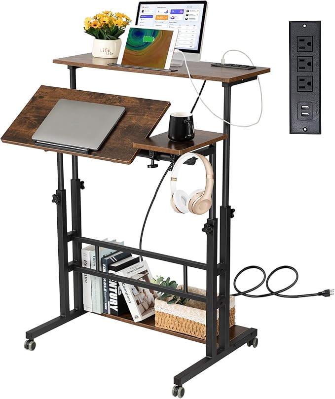 Hadulcet Mobile Standing Desk Adjustable Height Rolling Desk Stand Up Desk Mobile Laptop Desk Rolling Computer Desk with Charging Station Portable Desk with Wheels Rustic Brown