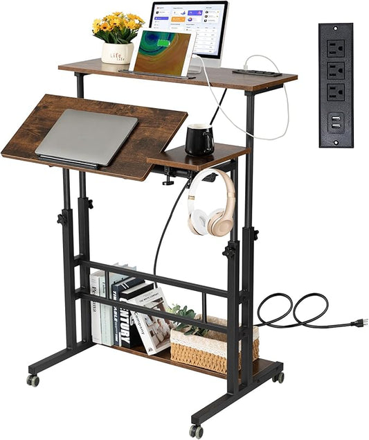 Hadulcet Mobile Standing Desk Adjustable Height Rolling Desk Stand Up Desk Mobile Laptop Desk Rolling Computer Desk with Charging Station Portable Desk with Wheels Rustic Brown