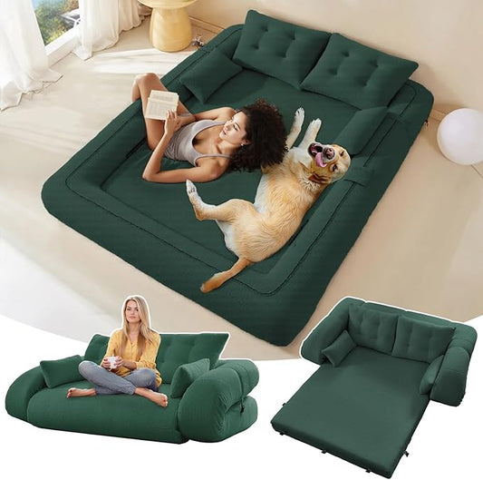 Folding Sofa Bed3-in-1DIY Convertible Sleeper SofaTeddy Velvet Couch with ArmrestFoldable Mattress with Back SupportFoldable Lazy Sofabed 78.7 Human Dog Bed for Living Room BedroomGreen