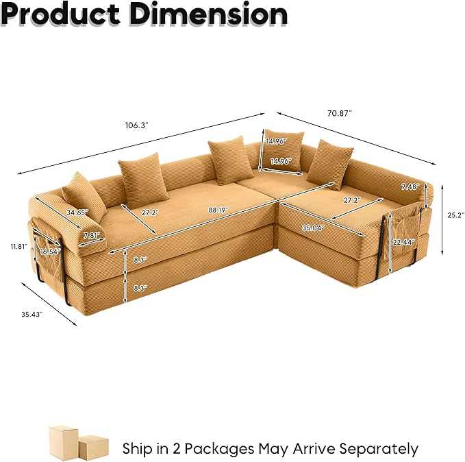 Oversized Modular Cloud Couch for Living Room Corduroy L-Shaped Sectional Sleeper Sofa Bed with Fixed-Shape Frame Modern Boneless Couch with Pillows &amp Storage Yellow