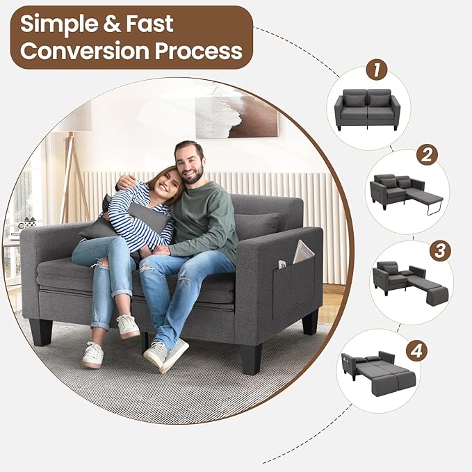 SEJOV 6-in-1 Convertible Sofa Bed 58 Loveseat Sleeper Sofas with Pull Out Couch Bed Removable Backrest Storage Pockets and 2 Pillows Modern Folding Linen Futon Couch for Small Spaces Gray