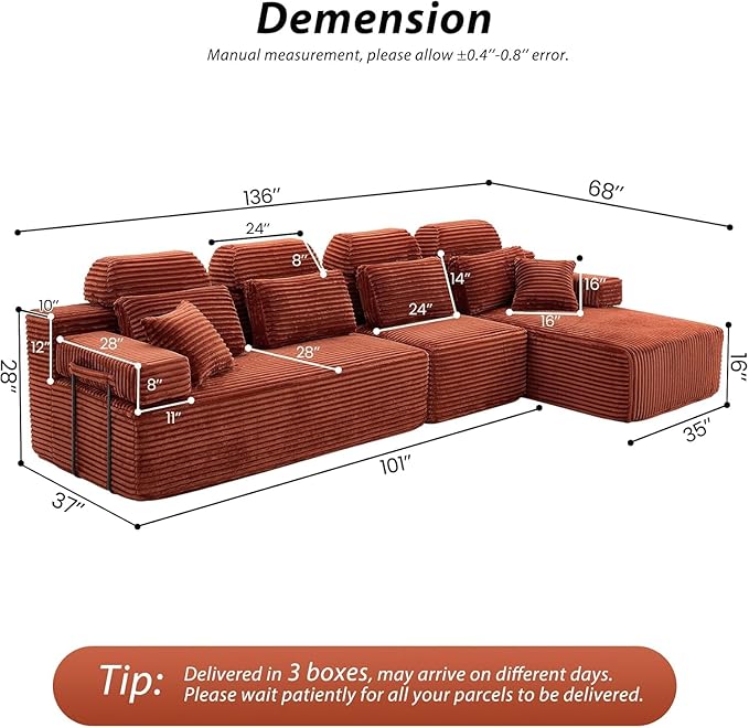 136″ Cloud Modular Sectional Sofa Modern L-Shaped Sectional Couches for Living Room Oversized 3-Seater Couch Corduroy Boneless Couch in a Box No Assembly Required Orange