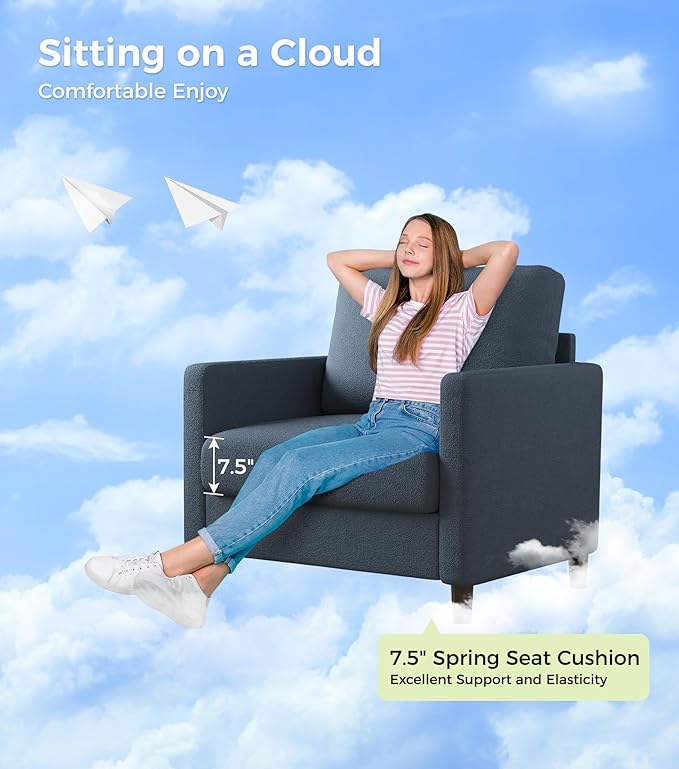 Sofa Accent Chair 33 Reading Chair for Bedroom Tool-Free Setup Living Room Accent Chairs Comfy Arm Chairs Living Room All-Wood Reading Nook Blue Grey