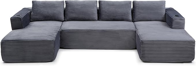 132” Oversized Modular Sectional Sofa Modern Comfy Corduroy U Shaped Couch with Cup Holders Boneless Compressed Memory Foam Cloud Couch for Living Room Office No Assembly Requiredm Grey