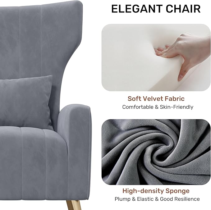 Nalupatio Velvet Fabric Upholstered Reading Comfy Mid Century Modern Armchair with Metal Legs and Spring Support Accent Chair for Living RoomGrey