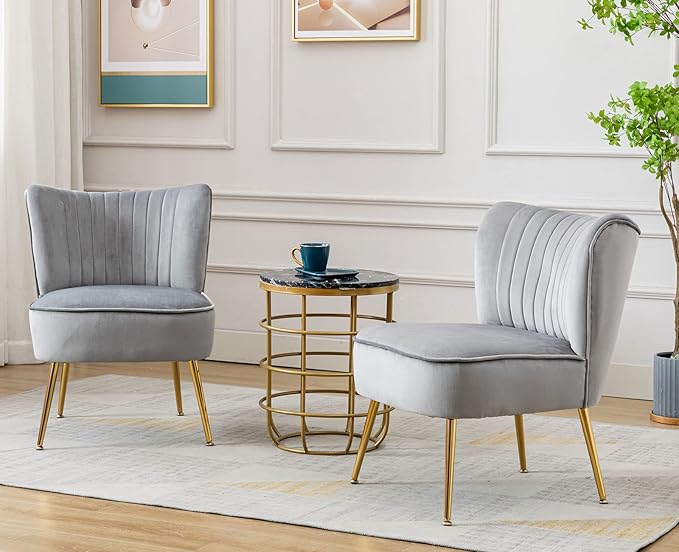 Grey Velvet Accent Chairs Set of 2 with Golden Legs Modern Upholstered Slipper Chairs Comfy Armless Wingback Side Chairs Corner Chair for Bedroom/Dining Room/Living Room/Office