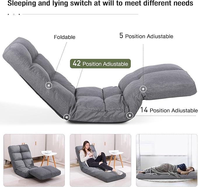 Floor Recliner with Adjustable Footrest - 14-Position Backrest &amp 5-Level Footrest for Ultimate Relaxation Foldable Linen Chaise Lounge Chair for Living Room (Grey)