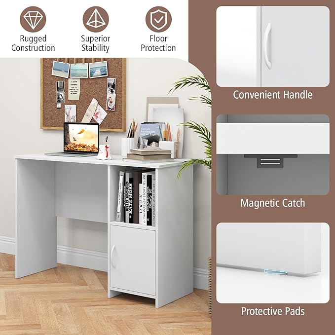 GOFLAME Modern Computer Desk with Cabinet Writing Study Desk with Cable Holes &amp Open Shelf Laptop PC Desk with Storage Compact Computer Workstation for Home Office White