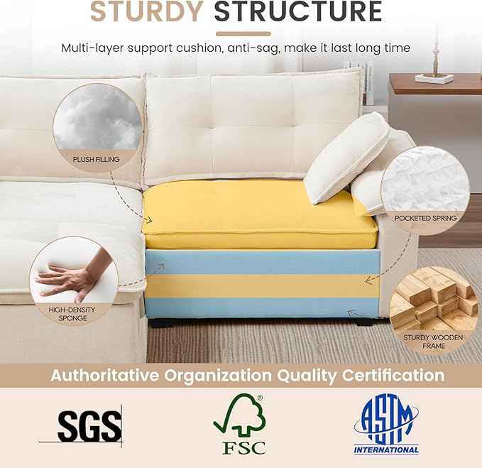 89 L Shaped Sectional Couch Comfy Modular Sectional Cloud Couch with Movable Ottoman 2-Seater Chenille Deep Seat Loveseat with Throw Pillows/USB for Living Room Apartment (Beige)