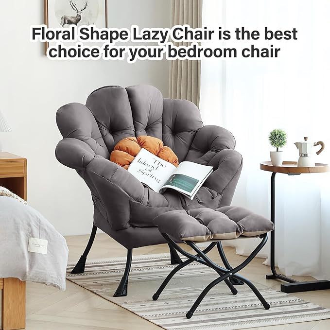 Lazy Chair with Ottoman Modern Floral Reading Chair with Folding Footrest Dark Grey Accent Chairs Comfortable Oversized Armchairs for Bedroom Living Room Courtyard