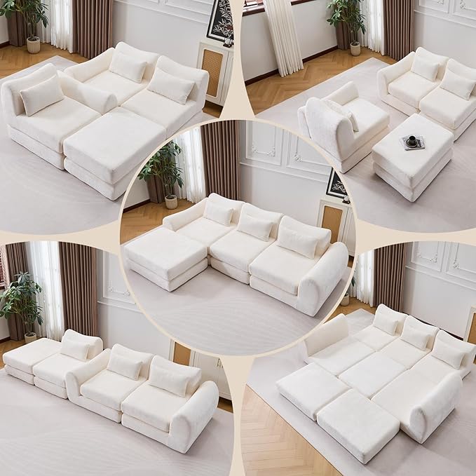 105” Modular Sectional Sofa Convertible Sofa BedTransforms into Single or Double Sofa Chenille Fabric Cloud SofaModern Soft Boneless Comfort No Assembly Required White
