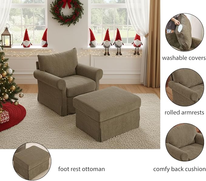 35.8 Accent Chair with Ottoman Set Comfy Chenille Upholstered Armchair with Rolled Arms Modern Single Reading Chair for Living Room Bedroom Apartment Brown