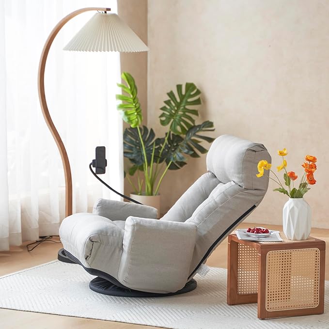 Gwen Upholstered 360° Swivel Chair Lounge Chair with Adjustable Backrest/Headrest Metal Frame Living Room Lounge Sofa and Phone Holder Comfy Bean Bag Chair Gray