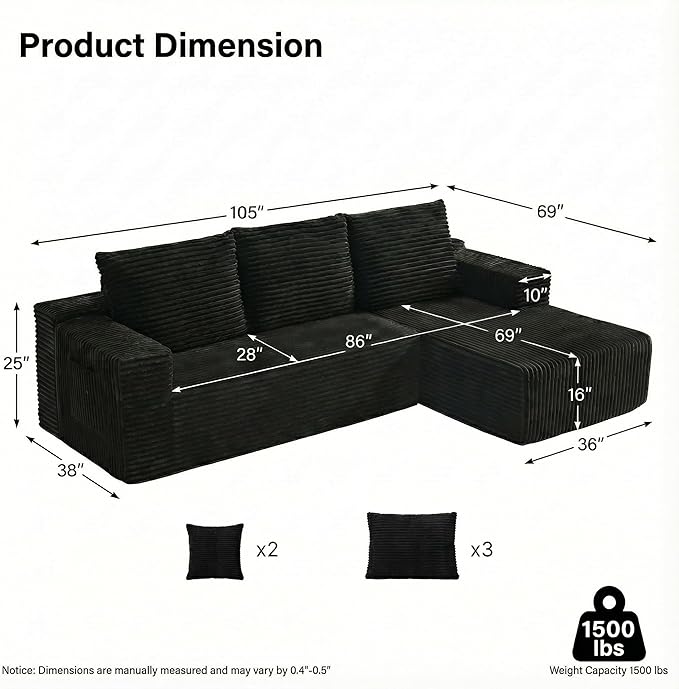 Boneless Couch for Living Room No Assembly Required Cloud Couch Modular Sectional Sofa with Plush Corduroy Fabric Minimalist Oversized L-Shaped Couch with Chaise Fluffy Pillows and Cushion.