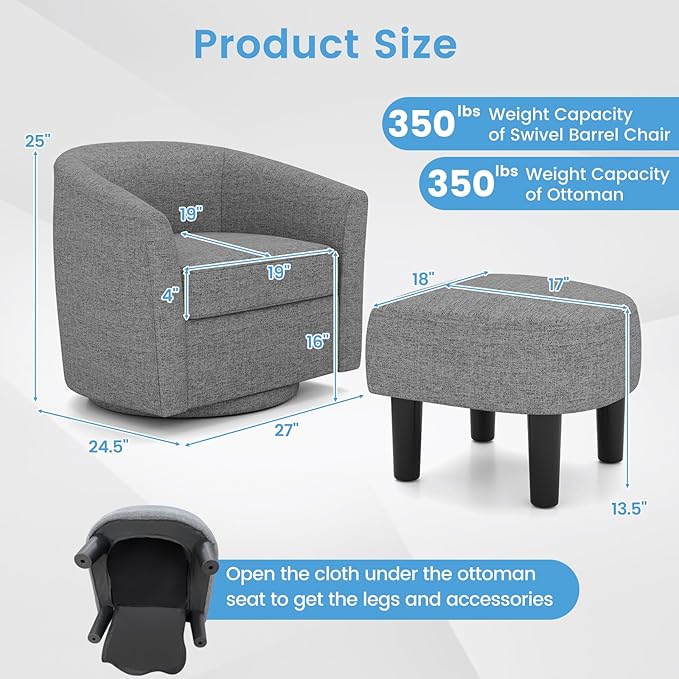 Giantex Swivel Accent Chair with Ottoman Modern Barrel Club Chair w/Footrest Curved Backrest &amp Armrests Removable Seat Cushion Swivel Single Sofa Arm Chair for Living Room Bedroom Office Gr
