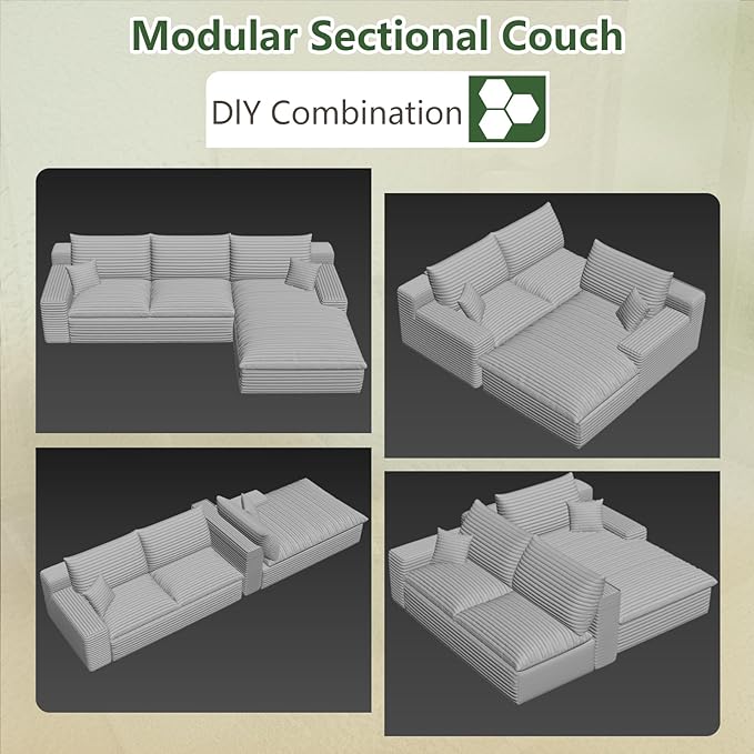 107 Cloud Couch Modular Sectional Sofa for Living Room L-Shape Boneless Couch with Deep Seat Modern Corduroy 3-Seater No Assembly Required (GreenRight-Facing Chaise)