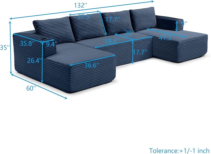 132-Inch U-Shaped Cloud Sectional Couch Symmetrical Modular Compressed Boneless Sectional Sofa with Chaise Lounges Plush Corduroy Boneless Corner Sofa W/Cupholders