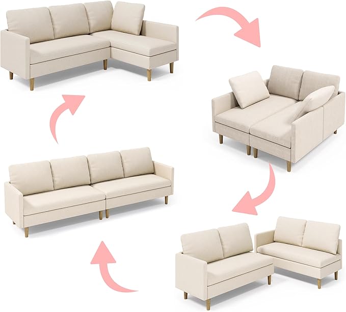 Gizoon 4-Seat Sectional Couch Convertible Sofa Bed 79.1'' L-Shape Sofa Bed with Comfortable Fabric Deeper Seat Comfy Seat Cushion for Living Room Apartments Office Beige