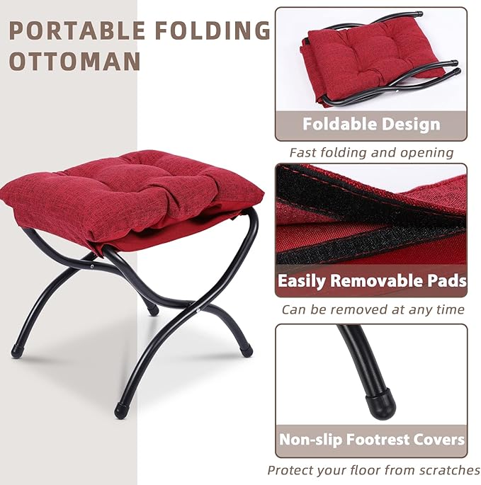 MEETWARM Modern Cotton Fabric Lazy Chair with Ottoman Accent Contemporary Lounge Chair Upholstered Single Leisure Sofa with a Side Pocket Armrests and Thick Padded Back for Living Room(Red)
