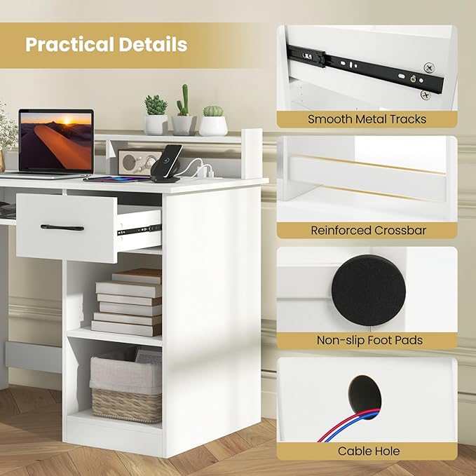 GOFLAME White Computer Desk with Charging Station Type C Port Modern Writing Desk with Drawer Removable &amp Adjustable Shelf Keyboard Tray Home Office Laptop Desk with Hutch for Bedroom Study