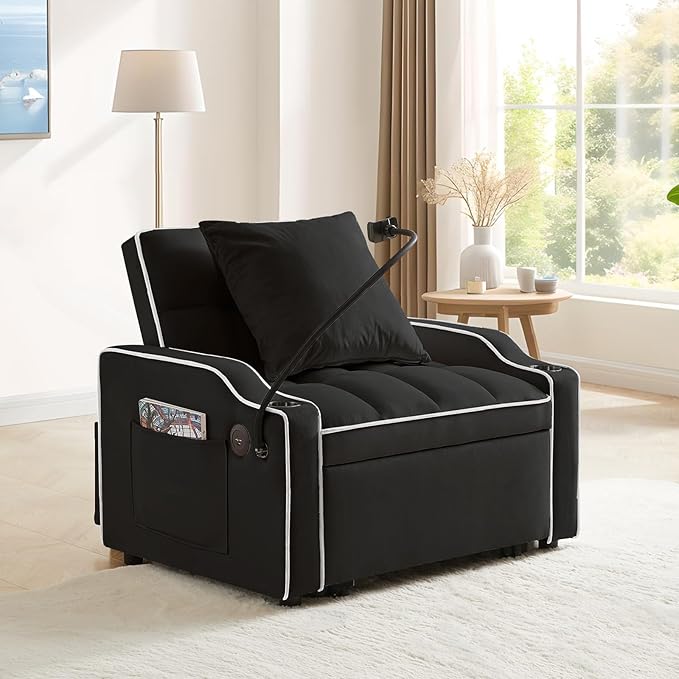 Convertible Sleeper Sofa Chair Bed 3 in 1 Velvet Single Small Futon Sofa Bed with Phone Holder &amp USB PortsPull Out Couch Recliner with Adjustable Backrest for Living Room Office Small Place(Bl