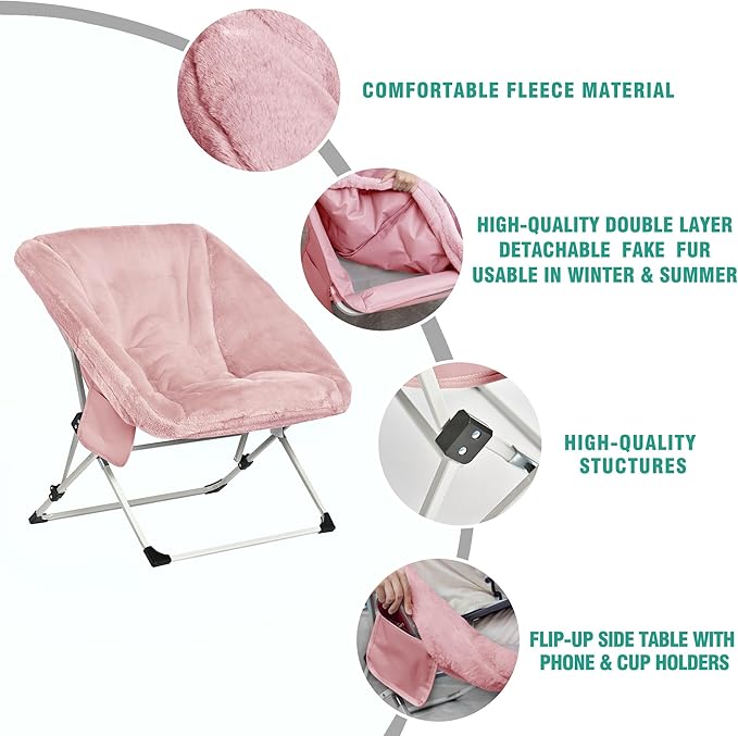 SUNNYFEEL Comfy Folding Saucer Chair for All SeasonsRemoval Faux Fur Soft Chair for AdultsReading Chair for Living Room Bedroom Dorm Metal Frame Moon Chair(Pink)