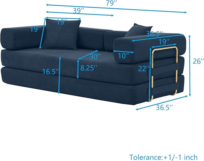 4-in-1 Folding Convertible Floor Sofa Bed 78 Oversized Compression Sofa No Assembly Required King Futon Lazy Couch Corduroy Loveseat Sleeper with Pull Out Bed Modular Futon Couch (Blue)