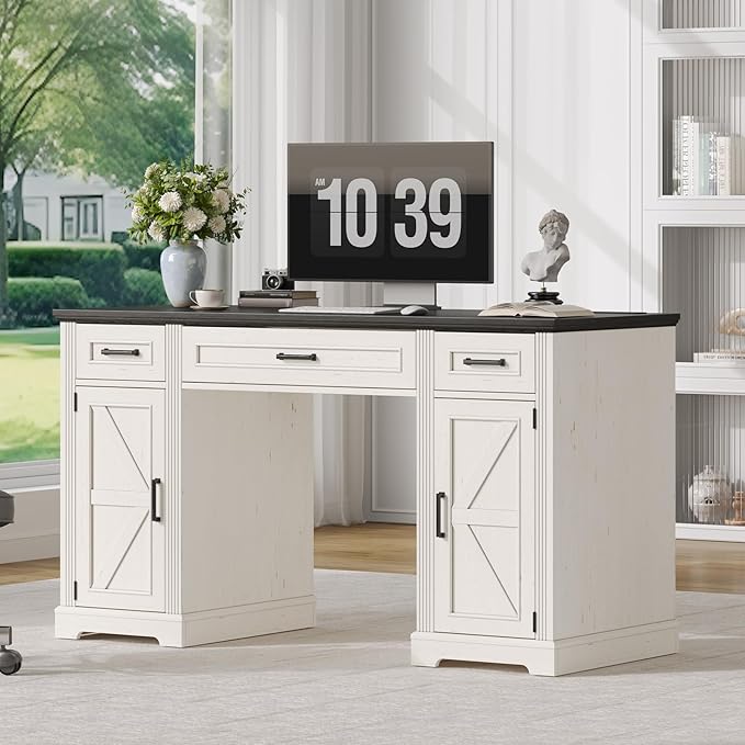 ONBRILL 55 inch Farmhouse Executive Desk with Drawers Home Office Desk with File Cabinet Outlets Storage Cabinet Keyboard Tray Wood Computer Desk for Work Study Writing Off White &amp Black