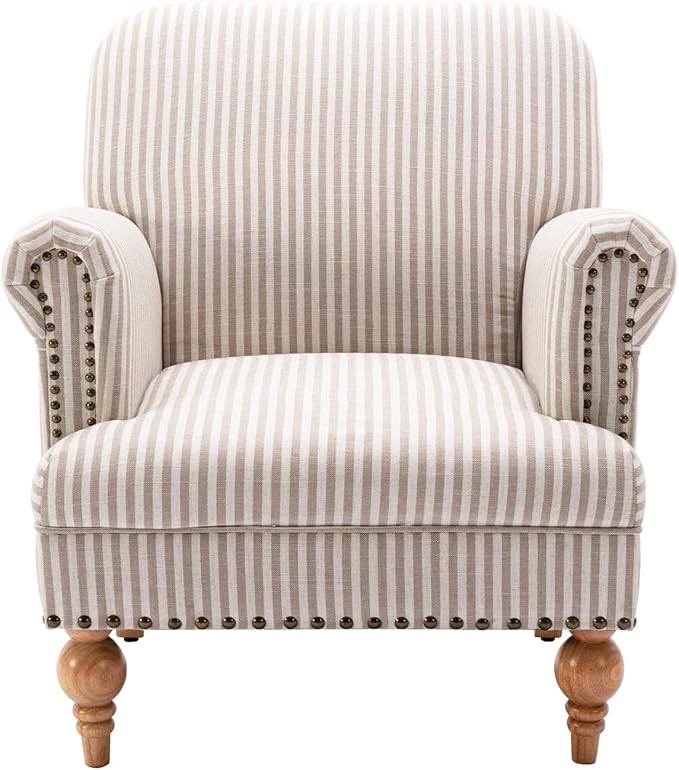 chairus Linen Accent Chair for Living Room Upholstered Mid Century Modern Single Sofa Chair with Solid Wood Legs Comfy Reading Chair Armchair for Bedroom/Office Room/Recption/Lounge Khaki Stripe
