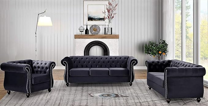 Feinstein Modern Velvet Chesterfield Couches for Living Room with Nailheads Diamond Tufting &amp Durable Metal Frame Chair Black