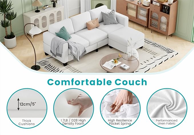 Sectional Couches for Living Room - Convertible L Shaped Couch with Storage Ottoman 3 Seater Modern Velvet Grey Sofa for Small Space Studio Basement Loft