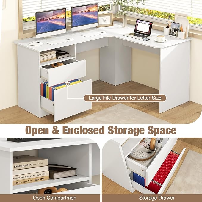 Tangkula 59” L-Shaped Desk with 2 Storage Drawers Corner Computer Desk with File Drawer &amp Open Shelf Computer Workstation with 2 Cable Management Holes Space-Saving Executive Office Desk (White