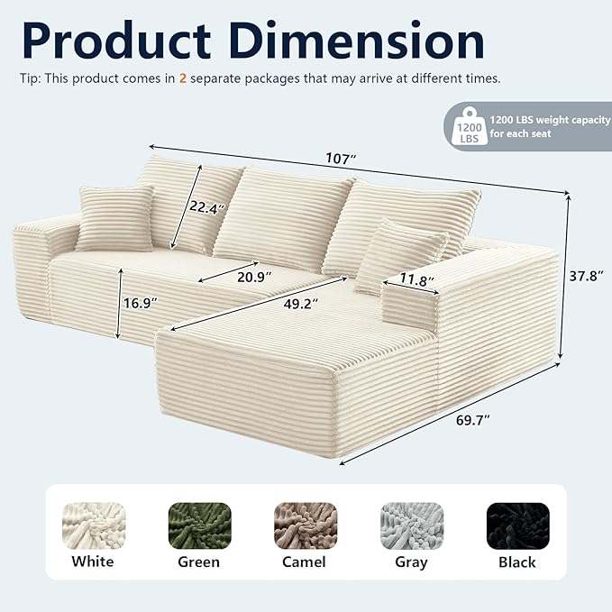 107.5 Modular Sectional Sofa with L-Shape Chaise Upholstered Couches for Living Room with Deep Seat No Assembly Required Corduroy Cloud Couches (Right-Facing Chaise