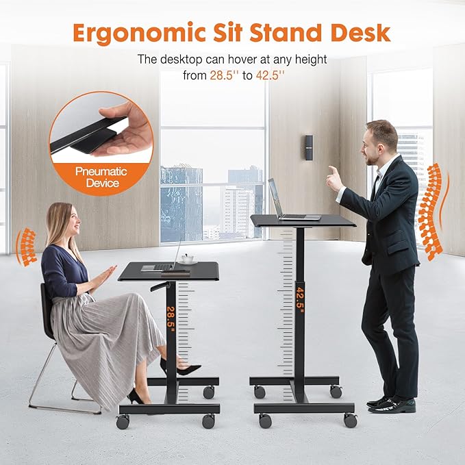 Sweetcrispy Small Mobile Rolling Standing Desk - Overbed Table Mobile Portable Rolling Laptop PC Table with Locking Wheels Adjustable Height Computer Workstation for Home Office 19 Inch Black