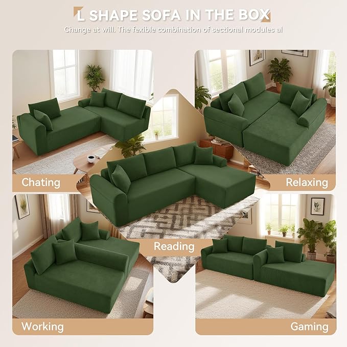103 Modular Sectional Sofa with Chaise Cloud Sectional Couch with Deep Seat Modular L-Shape Sofa Corduroy Boneless Couch for Living RoomBedroomNo Assembly Required(Green Right Facing Chaise)