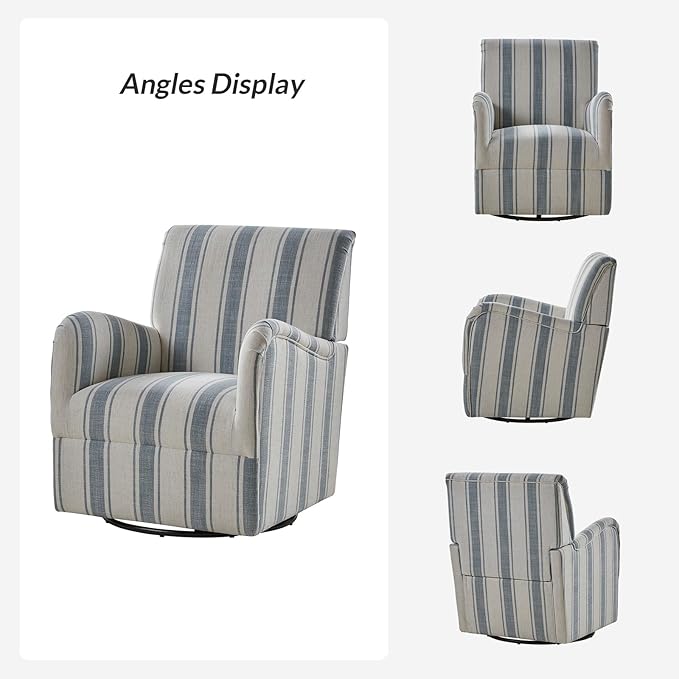 HULALA HOME Swivel Accent Chairs Set of 2 with Stripe Pattern Farmhouse Fabric Upholstered Armchairs with Metal Base 360° Swivel Traditional Sofa Chairs for Living Room Bedroom Blue