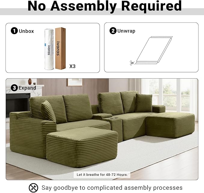 150 Inch Modular Sectional Sofa Couch Oversized Modern Cloud Couch for Living Room U Shape Couches with 2 Ottomans USB Ports and Cup Holders Green Corduroy Boneless Sofas Sofa in a Box