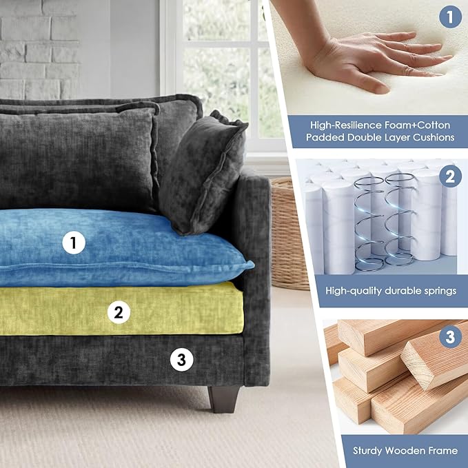 113.4 L-Shaped Modular Sectional Sofa with Ottoman Comfy Cloud Couch with Deep Seat (23.6 D) Solid Wood FrameBeige/Gray/Blue/Black for Living Room Small Apartment (Black 3 Seat)