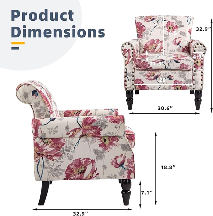 Wingback Accent Chairs Set of 2 Mid-Century Modern Upholstered Armchair Living Room Chair with Nailhead Trim &amp Rolled Armrest Floral Pattern Reading Chair Single Sofa Chair for Bedroom Plants W