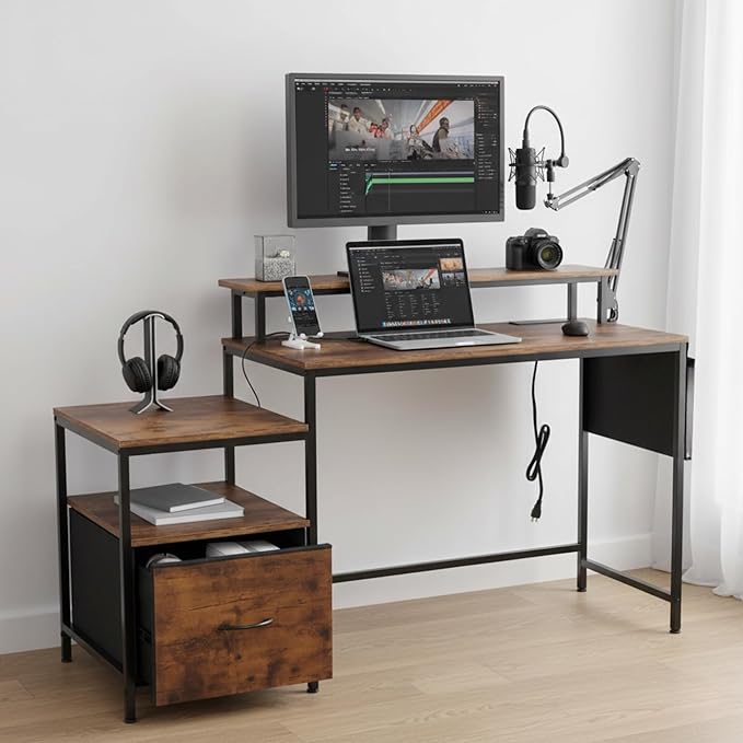 FurnitureR Computer Desk with LED Lights Monitor Stand USB Charging Port Storage Drawer Side Shelf &amp Cloth Bag 39.4-Inch Home Office Desk Workstation Rustic Brown