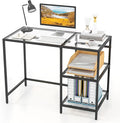 GOFLAME Computer Desk with Shelves 42” Home Office Desk with Metal Frame Tempered Glass Study Writing Table Modern Simple PC Desk for Living Room Bedroom (Black)