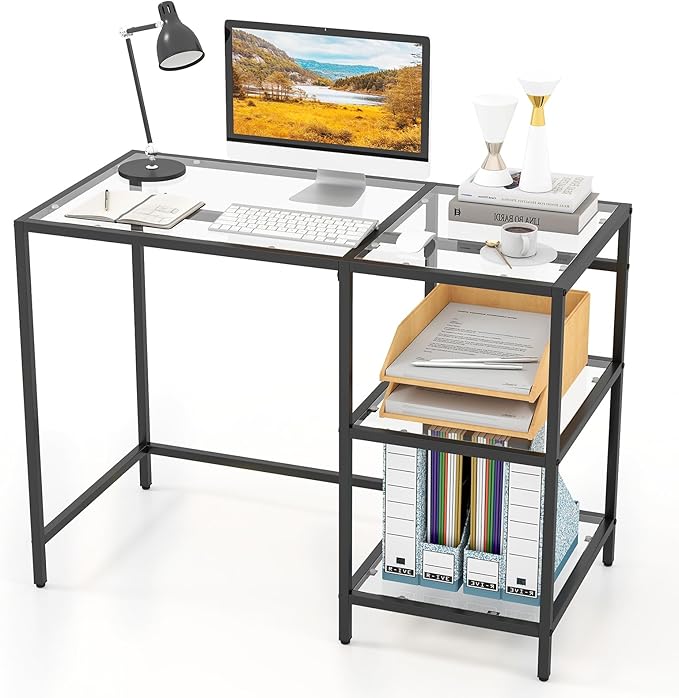 GOFLAME Computer Desk with Shelves 42” Home Office Desk with Metal Frame Tempered Glass Study Writing Table Modern Simple PC Desk for Living Room Bedroom (Black)