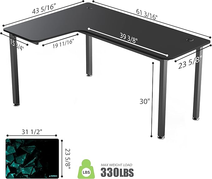 EUREKA ERGONOMIC L Shaped Gaming Desk 61 Inch Corner Computer Desk Modern Office Study Writing Desk Home Gaming Table with Mouse Pad &amp Cable Management Sturdy Metal Frame Easy to Assembly Le