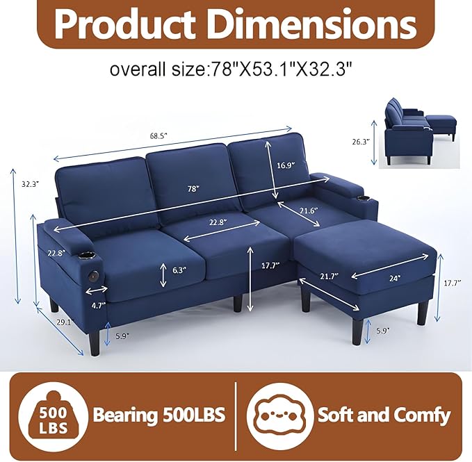 78 3 Seater Couch with Storage Ottoman/Cup Holders/USB Gray Small Sectional Couches for Living Room Cloud l Shaped Sofa for Small Spaces Apartment (Blue)