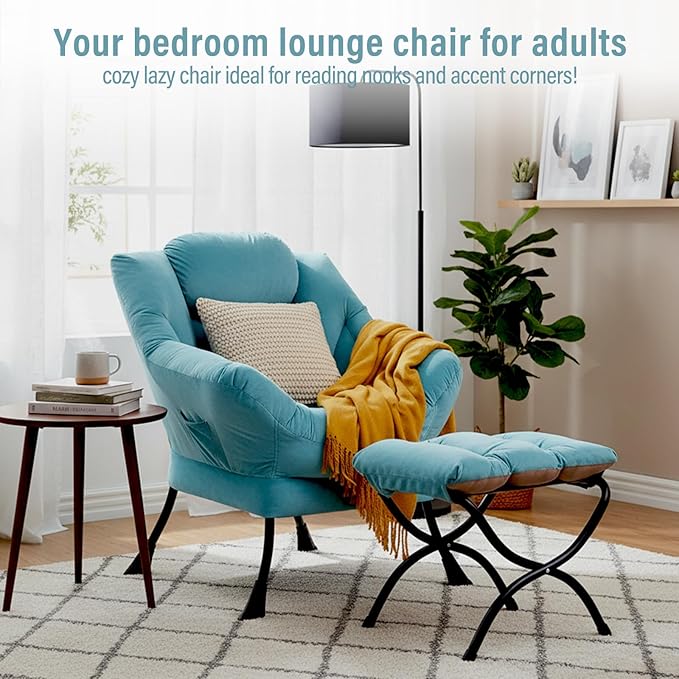 Lazy Chair with Ottoman Modern Accent Chairs with Folding Footrest Velvet Light Blue Sofa Chair Set Reading Chairs Oversized Armchairs for Bedroom Study Living Room Courtyard