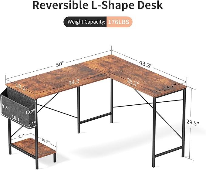 L Shaped Desk Gaming Computer 50 Inch Reversible Corner Table PC Work Table for Writing Study Student with Wood Tabletop Metal Frame CPU Stand Side Bag for Home Office Small Place