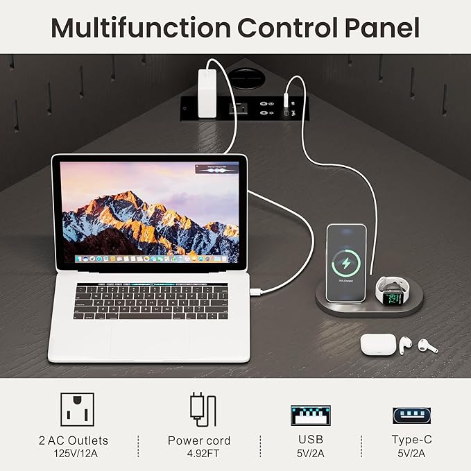 Corner Desk with - LED Reading Light L-Shaped Computer Desk w/Hutch &amp Shelves Home Office Desk w/Charging Station for Work &amp Study File Cabinet Storage Bookshelf for Small Space (Black)