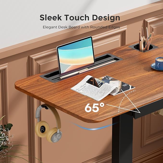 Mobile Standing Desk with Drawer 28 Rolling Desk with Cup Holder and Hooks Portable Laptop Workstation on Wheels Height Adjustable Cart with Storage for Home Office Dark Wood